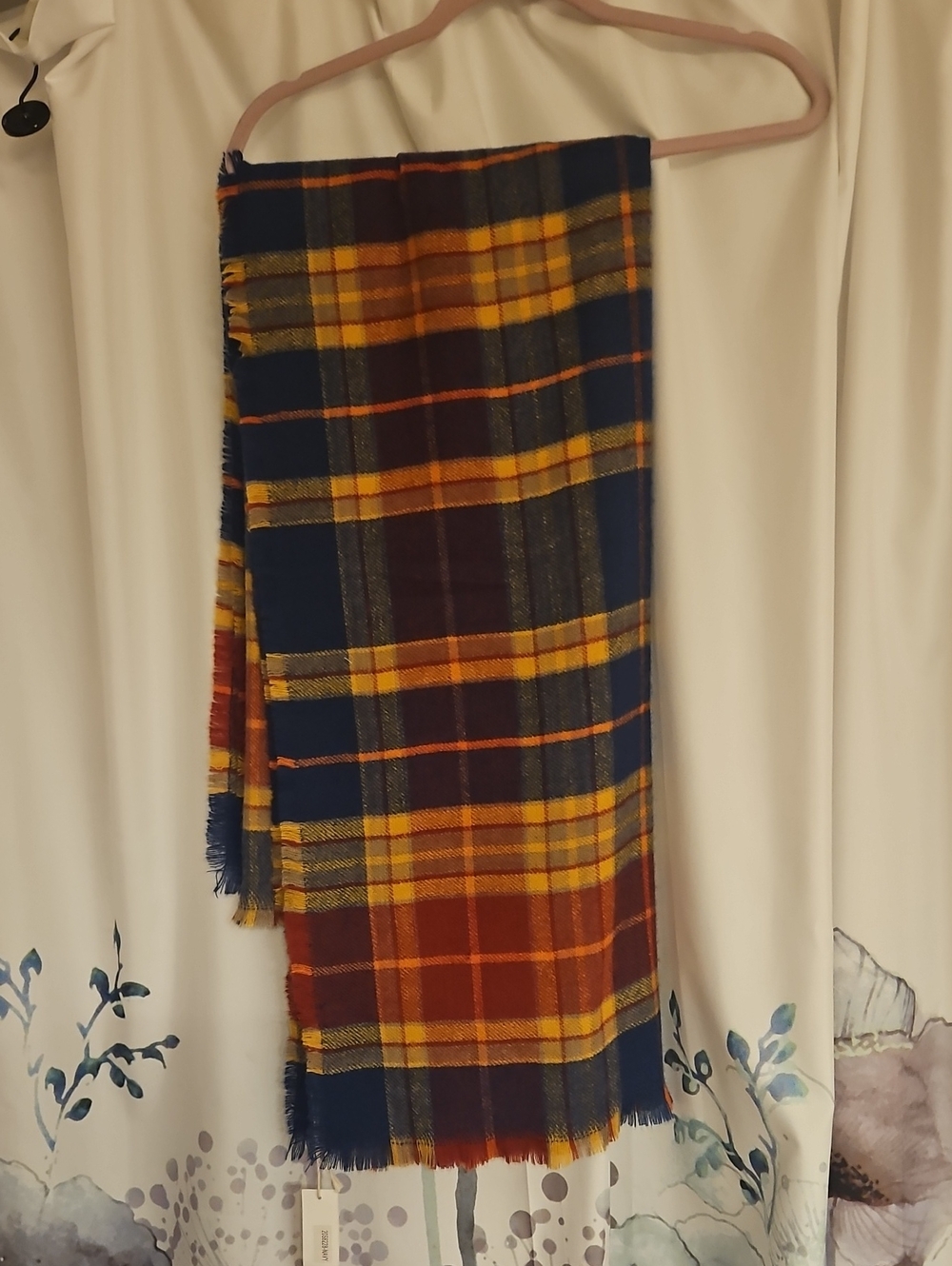 Plaid Fringed Wrap Scarf in Navy, Mustard & Rust